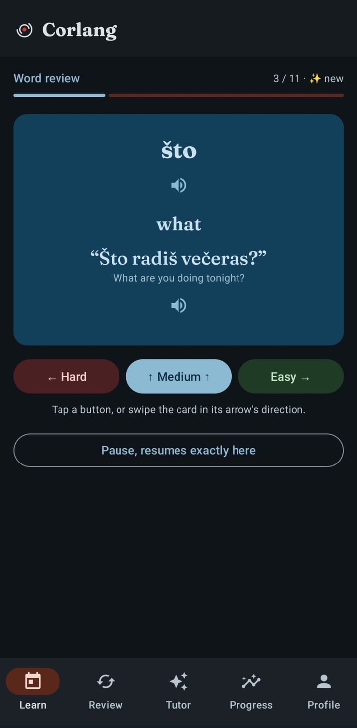 A Corlang flashcard in the dark theme